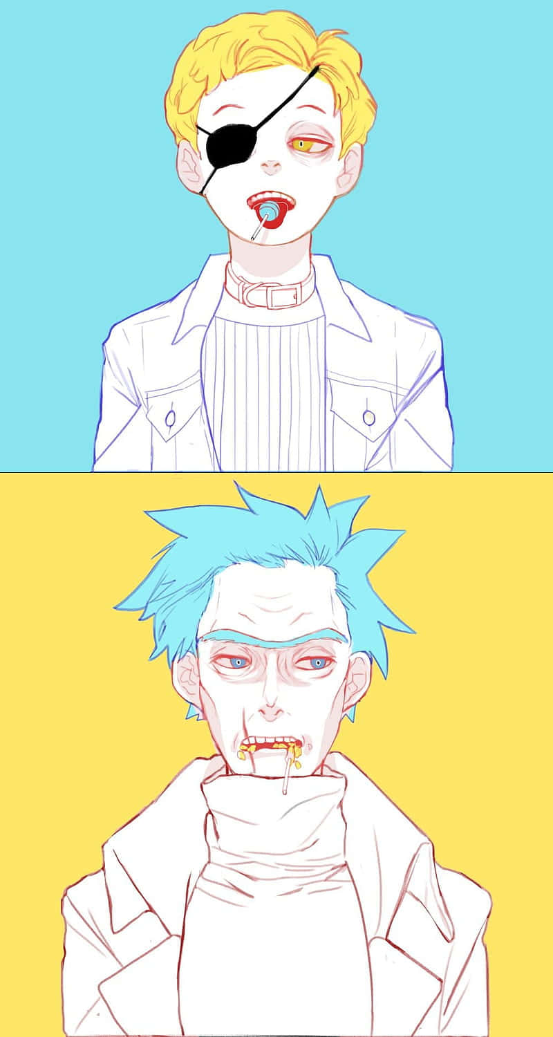 Evil Morty 桌布 壁紙 — 兩個動漫角色，戴著眼罩，嘴裡含著糖果，背景為純藍色和純黃色。