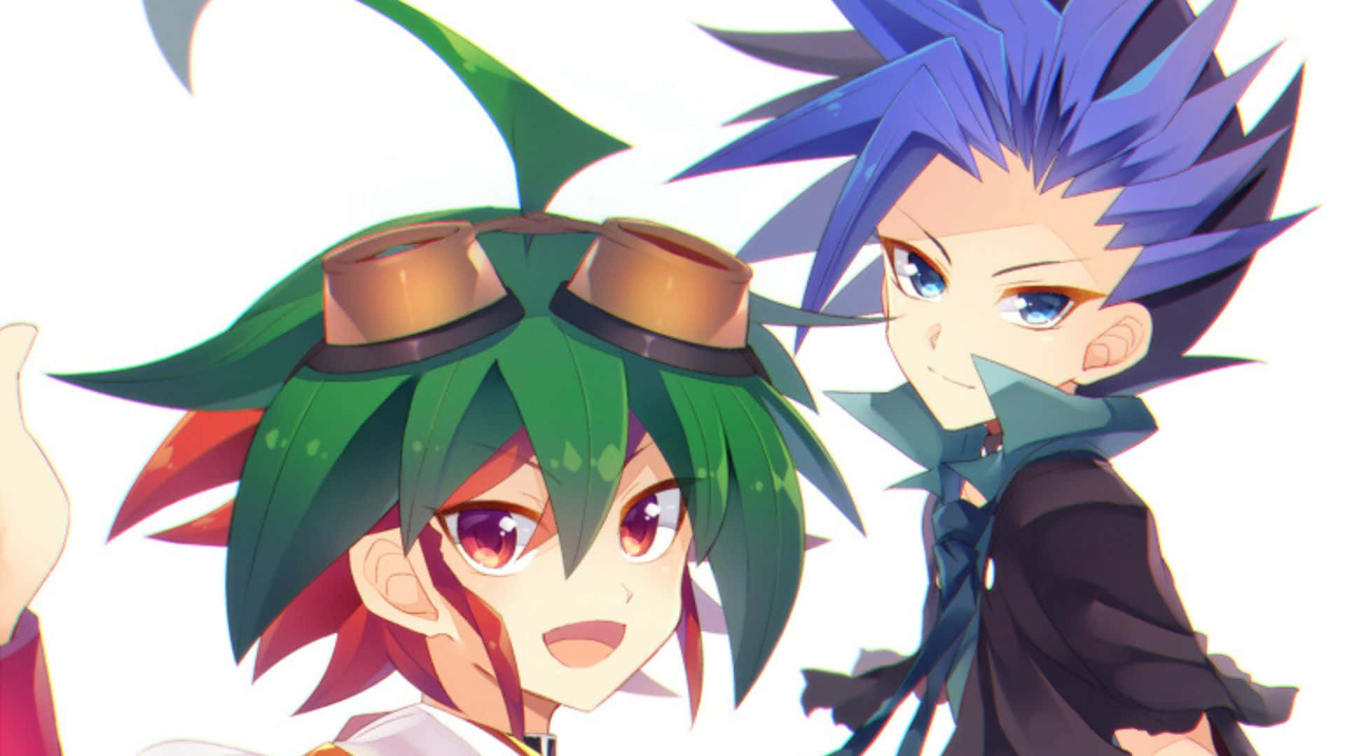 Yu-gi-oh Yuto 桌布 壁紙 — 兩個動漫角色，擁有尖刺的綠色和藍色頭髮，在明亮的白色背景前開心地擺姿勢。