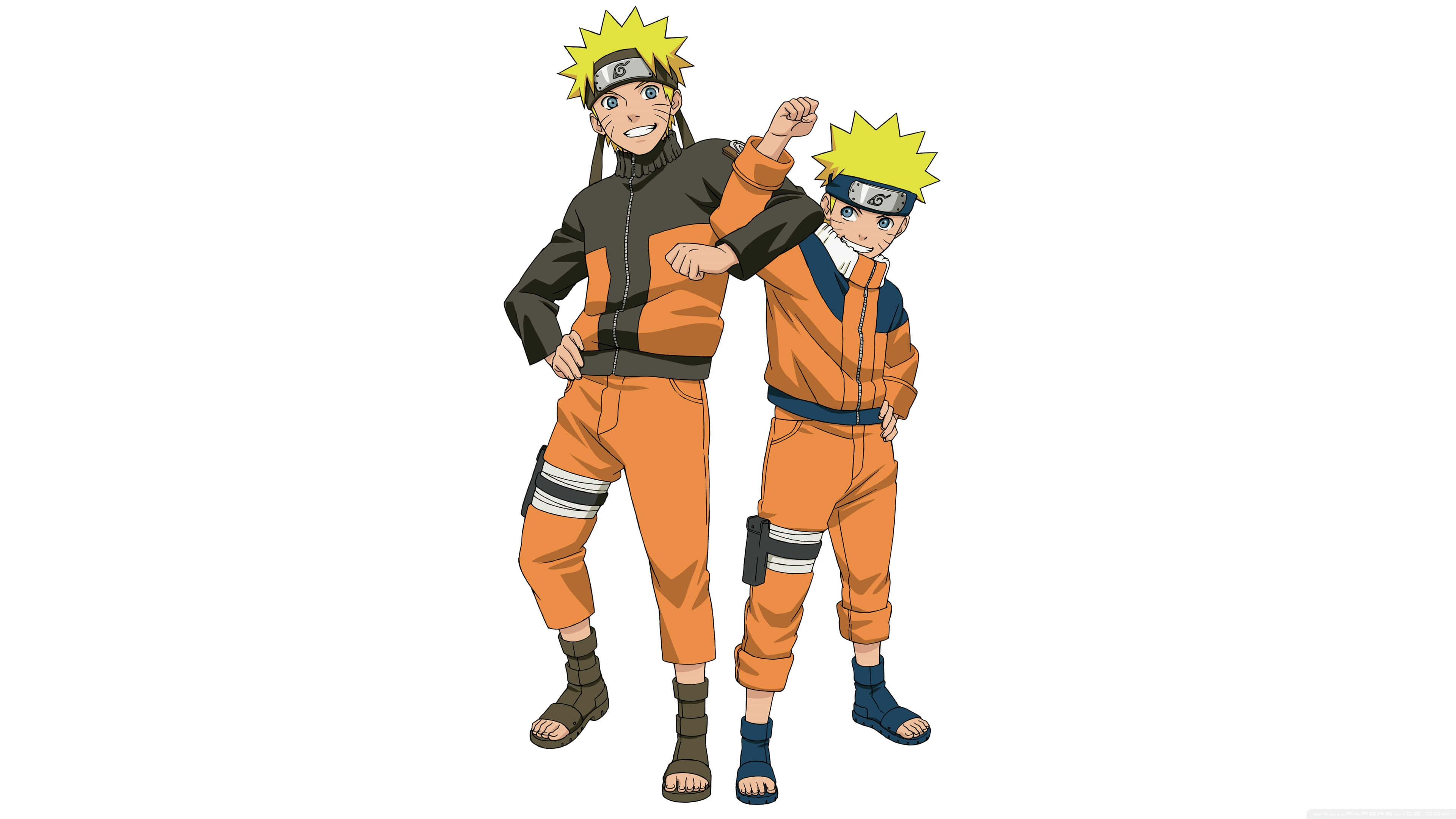 Naruto Anime 桌布 壁紙 — 兩個動漫角色，擁有尖刺金髮和橙色連身衣，自信地站在純白色背景前。