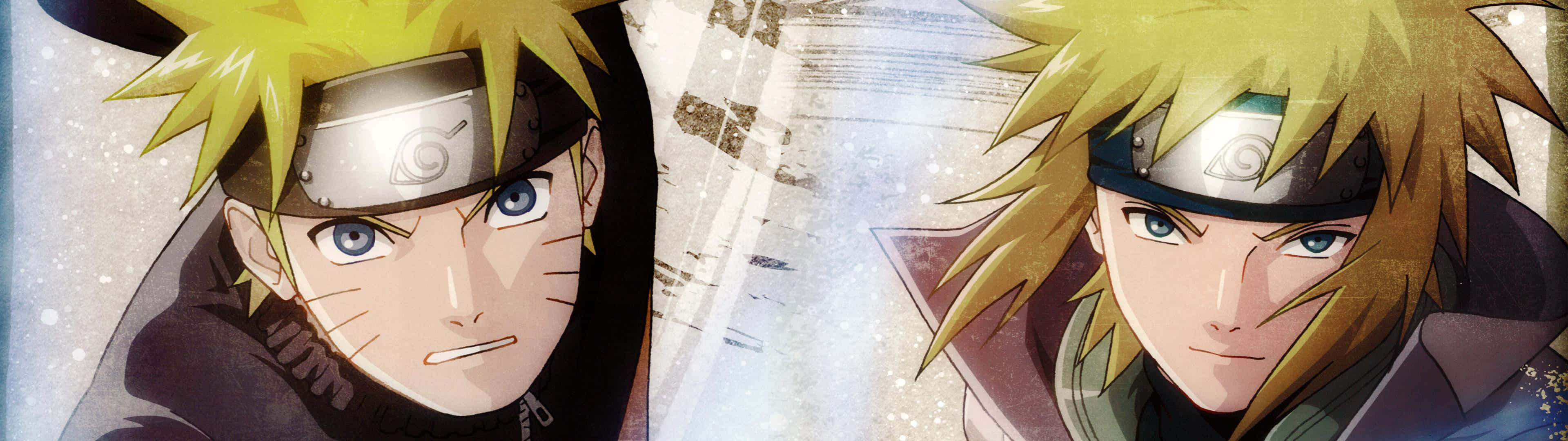 3840 X 1080 Anime HD 桌布 壁紙 — 兩個動漫角色，擁有尖刺金髮和頭帶，在發光的抽象背景前凝視著。
