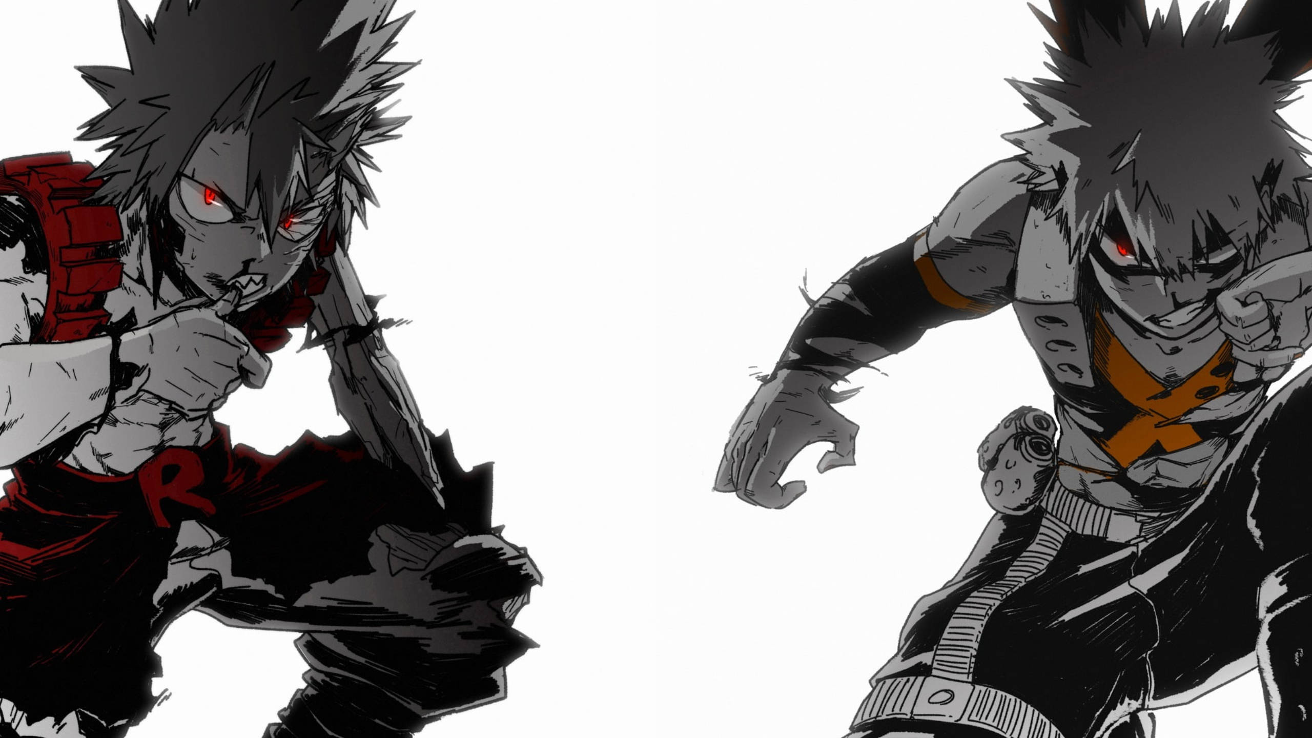 Kirishima 桌布 壁紙 — 兩個動漫角色，擁有尖刺頭髮和紅色眼睛，在純白背景下以緊張的戰鬥姿勢對峙。