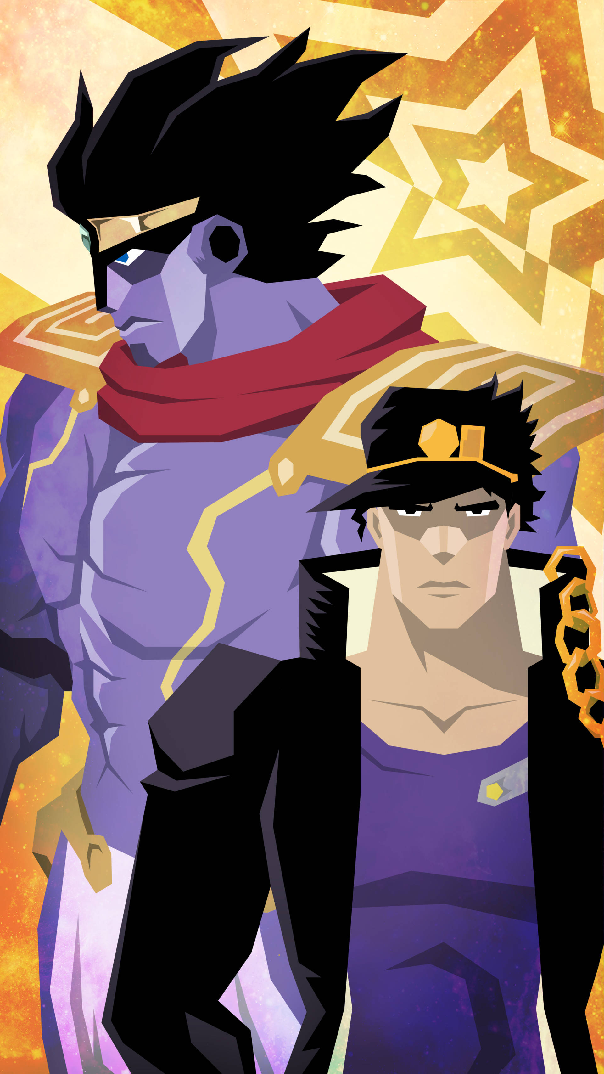 Jotaro 桌布 壁紙 — 兩個動漫角色，擁有尖刺頭髮和紫色皮膚，站在金色星空背景前。