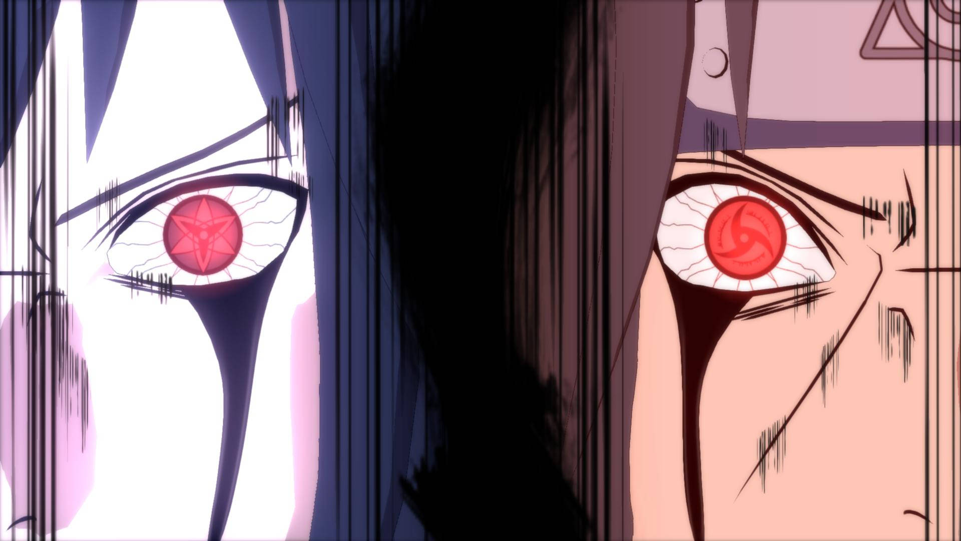Sasuke 4K 桌布 壁紙 — 兩個動漫角色，擁有發光的紅色眼睛，帶有獨特的寫輪眼圖案，在黑暗背景下強烈凝視。