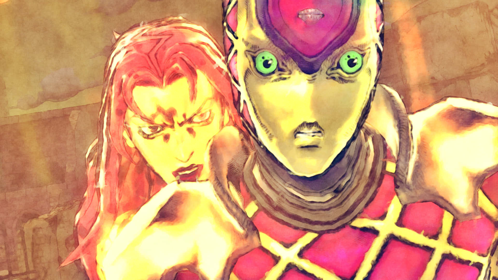 Jojo's Bizarre Adventure Diavolo 桌布 壁紙 — 兩個動漫角色，擁有發光的綠色眼睛和火紅的頭髮，在溫暖的紋理背景前以戲劇性的特寫站立。