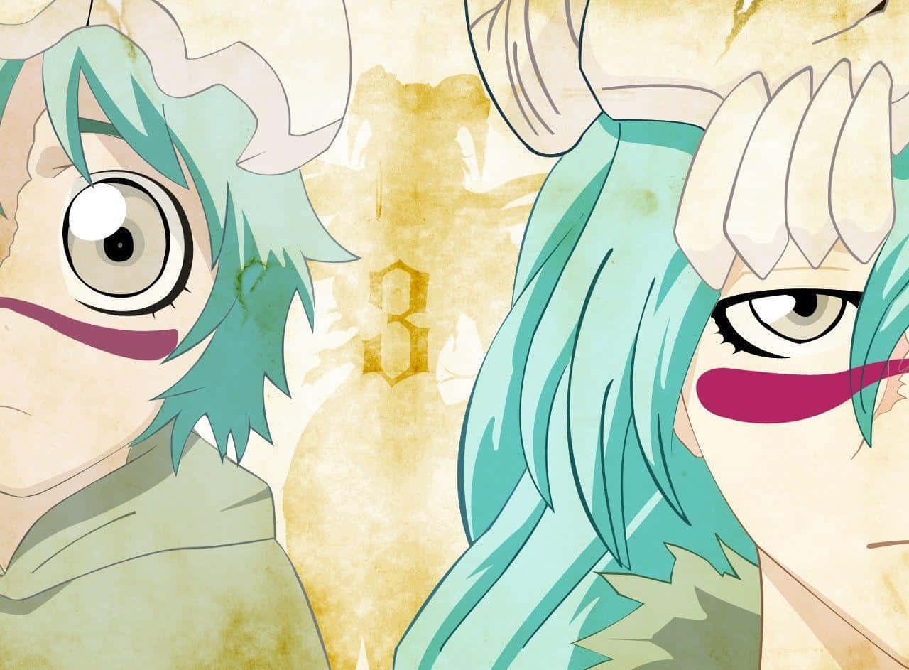 Nelliel Tu Odelschwanck 桌布 壁紙 — 兩個動漫角色，擁有藍綠色頭髮和粉紅色眼睛標記，在帶有紋理的米色背景上強烈凝視。