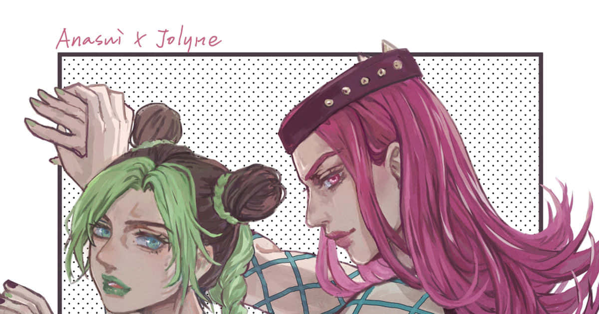 Narciso Anasui 桌布 壁紙 — 兩個動漫角色，擁有鮮豔的綠色和粉紅色頭髮，在點點背景前親密擺姿勢。