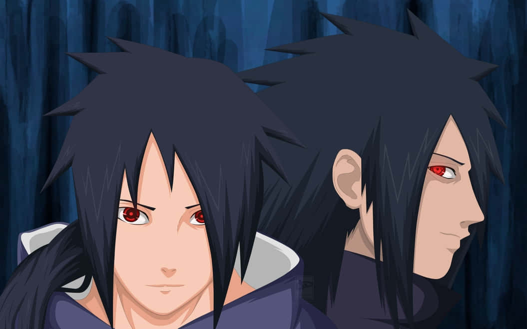 Izuna Uchiha 桌布 壁紙 — 兩個動漫角色，有著刺刺的黑髮和紅眼睛，正面和側面面向深藍色窗簾背景。