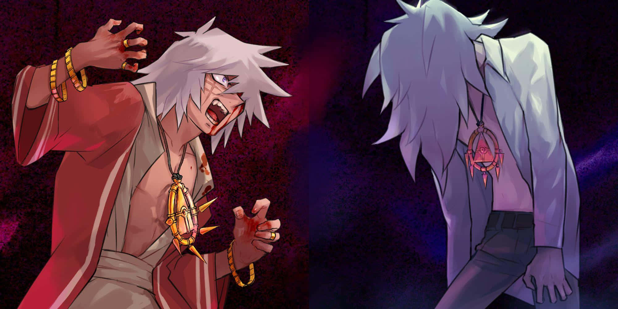 Yami Bakura 桌布 壁紙 — 兩個動漫角色，有著尖刺的白髮，在深紫色背景上戲劇性地衝突，一個尖叫著，雙手沾滿鮮血，另一個則冷靜地站著。