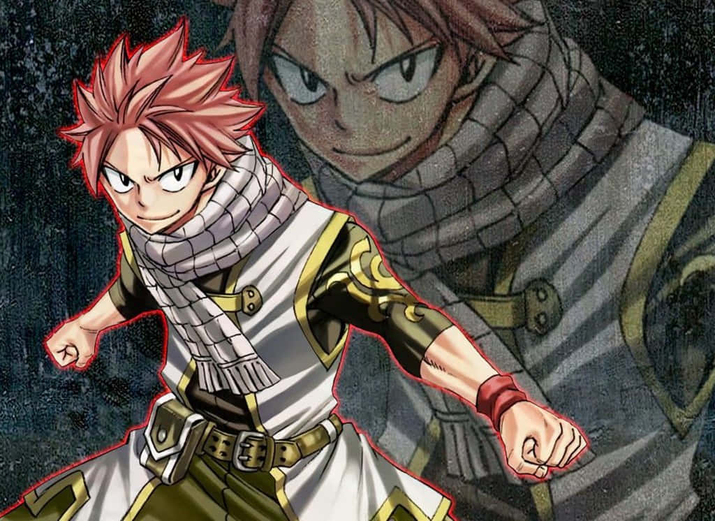 natsu dragneel 桌布 壁紙 — 兩個動漫角色，有著尖刺的紅髮和堅定的表情，在黑暗粗糙的環境中準備戰鬥。