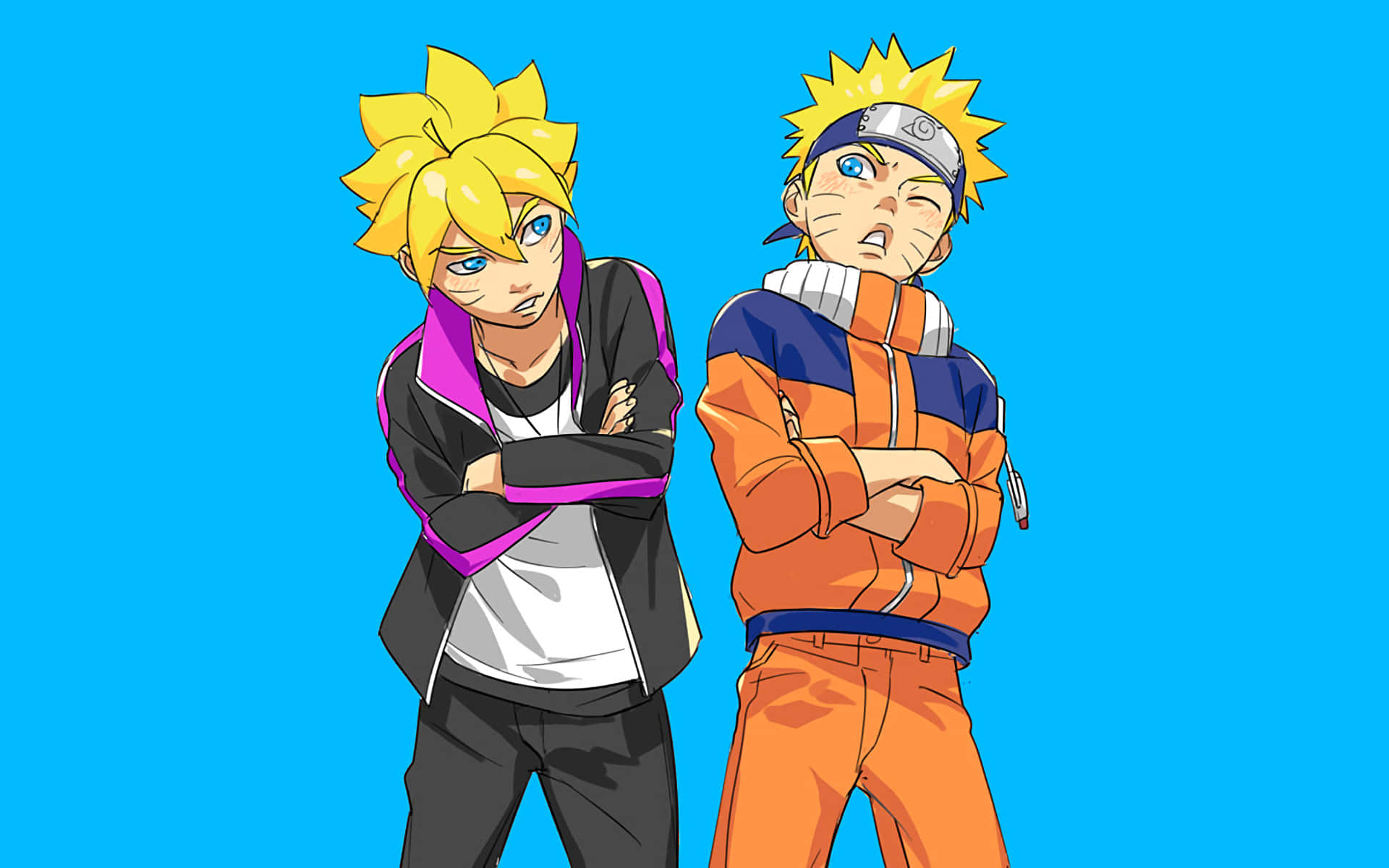 Boruto Naruto Next Generations 桌布 壁紙 — 兩個動漫角色，有著尖刺金髮，交叉雙臂，自信地站在純藍色背景前。