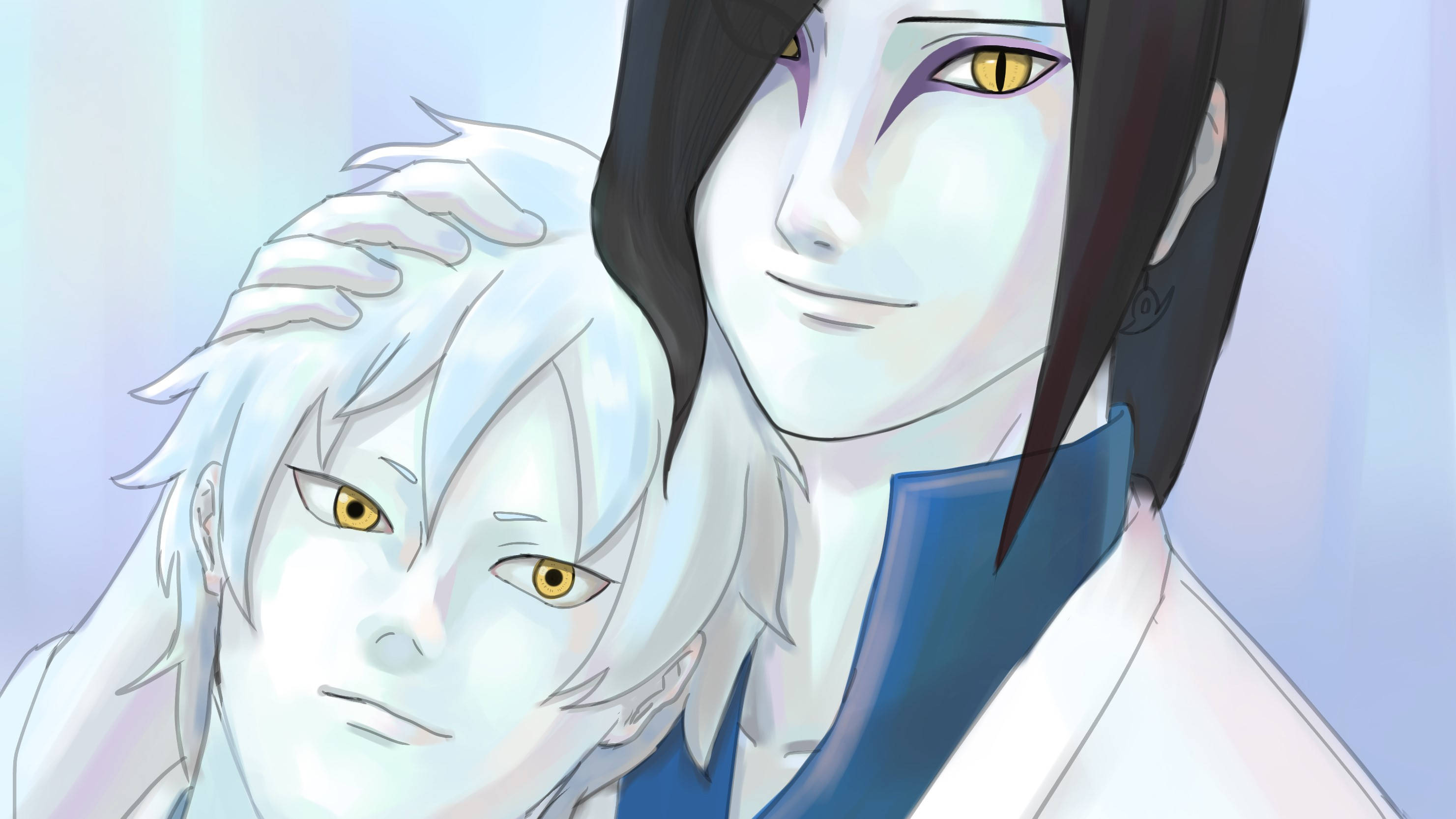 Orochimaru 桌布 壁紙 — 兩個動漫角色，皮膚蒼白，眼睛金色，在柔和的藍色背景前分享親密時刻。