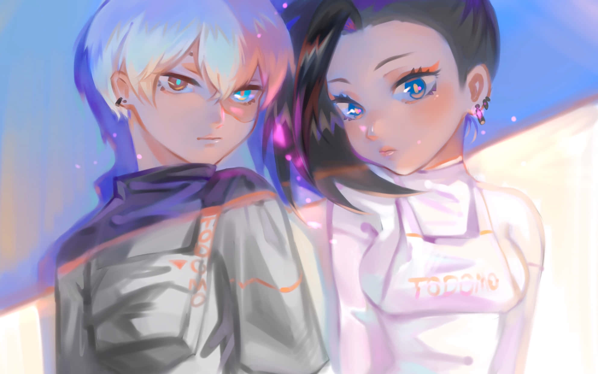 Momo Yaoyorozu 桌布 壁紙 — 兩個動漫角色，眼睛發光，柔和粉彩燈光，在夢幻空靈的場景中緊密站在一起。
