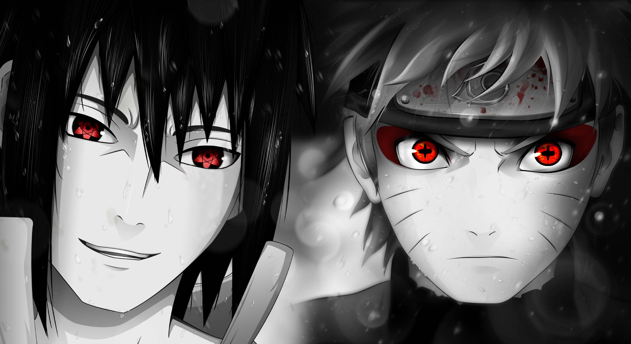 Naruto And Sasuke 桌布 壁紙 — 兩個動漫角色，眼睛發出紅光，在黑暗的雨景背景下凝視著。