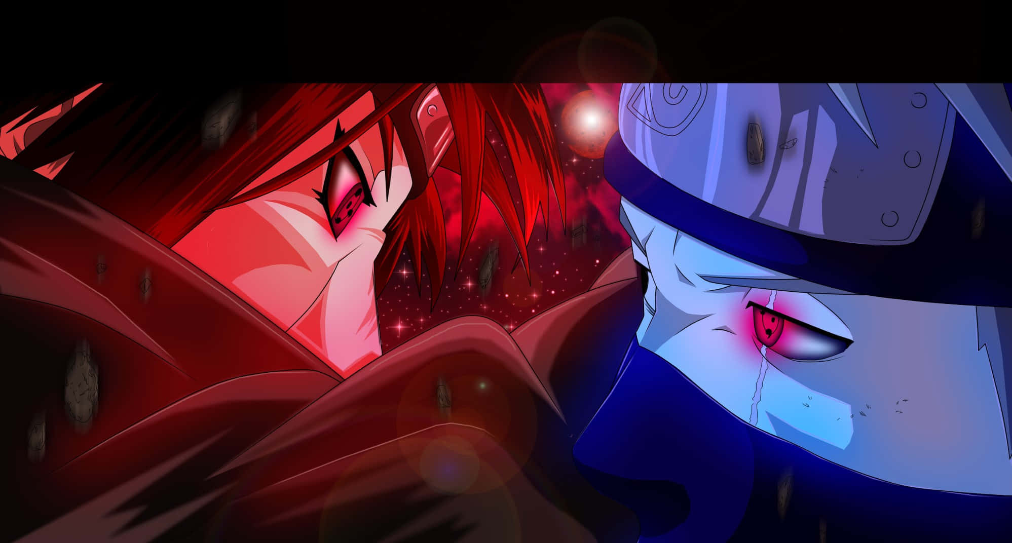 Kakashi And Itachi 桌布 壁紙 — 兩個動漫角色，眼睛發出紅光和藍光，在星光燦爛的宇宙背景下，以戲劇性的燈光對峙。