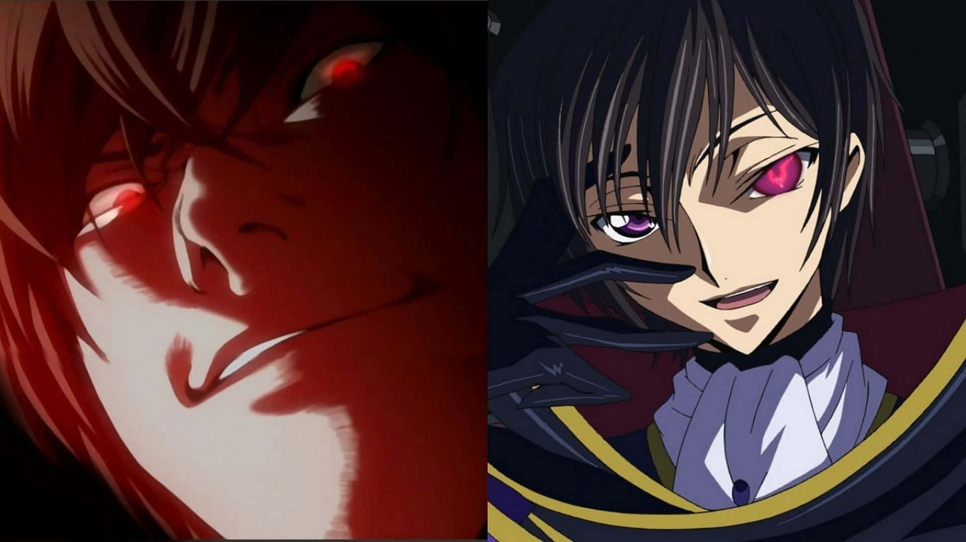 lelouch lamperouge 桌布 壁紙 — 兩個動漫角色，眼睛發出紅色和粉紅色的光芒，在黑暗背景下露出威脅性的笑容。