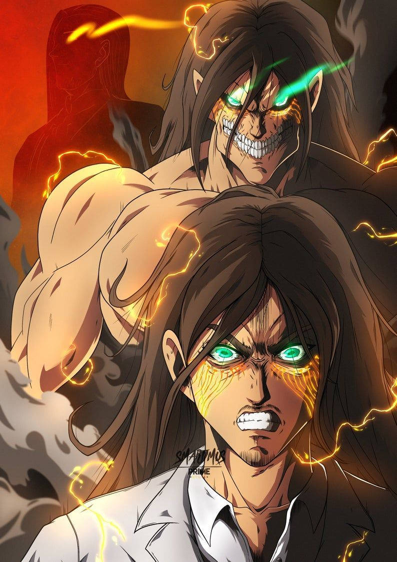 Eren Season 4 桌布 壁紙 — 兩個動漫角色，眼睛發出綠色光芒，周圍有熾熱的黃色能量噼啪作響，背景是煙霧繚繞的紅色。