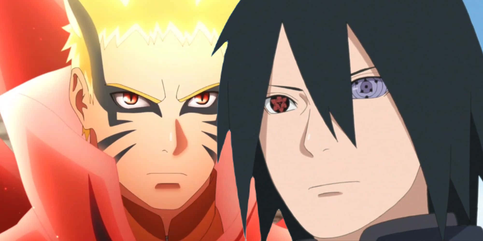 Sasuke Naruto 桌布 壁紙 — 兩個動漫角色，眼神銳利，帶有獨特標記，在鮮豔的紅藍背景前直視前方。