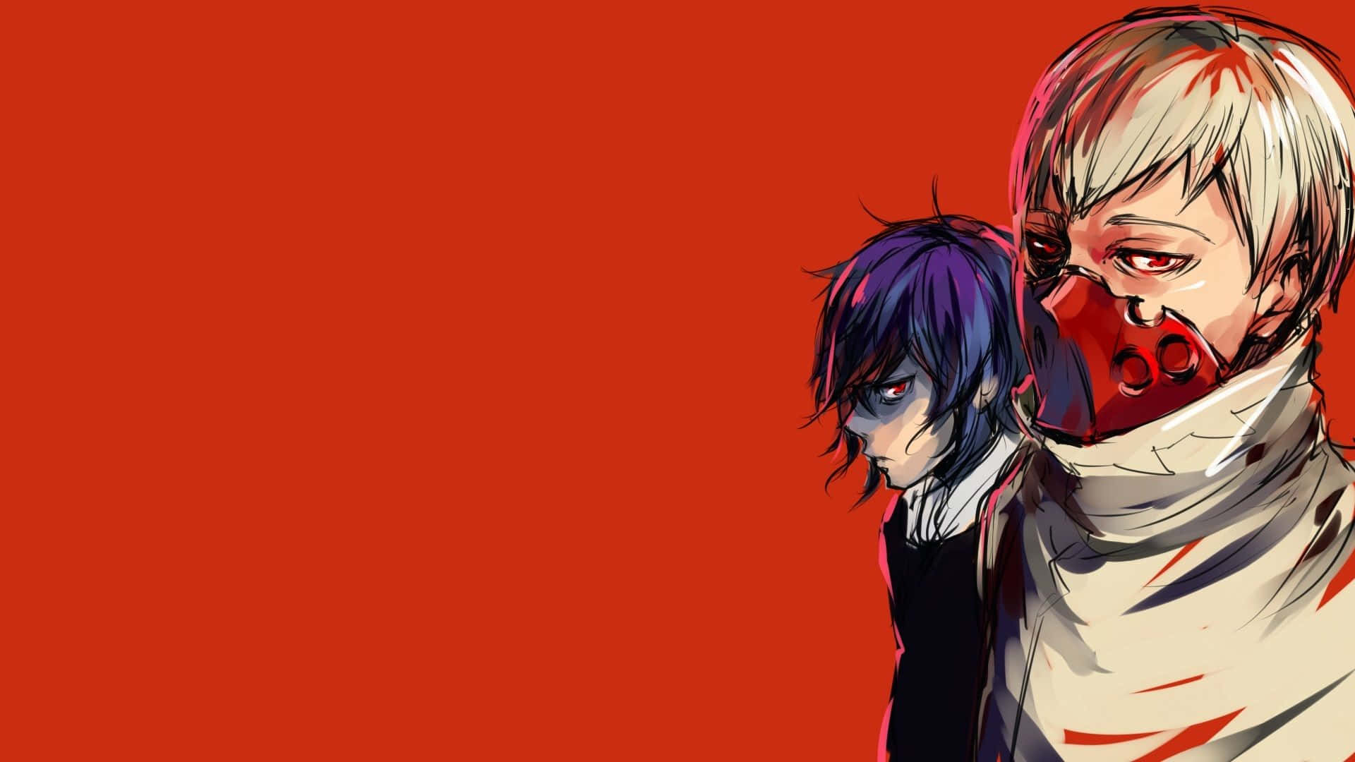 Ayato Kirishima 桌布 壁紙 — 兩個動漫角色，紅眼睛，戴面具，站在純紅色背景前，一個紫髮，一個白髮。