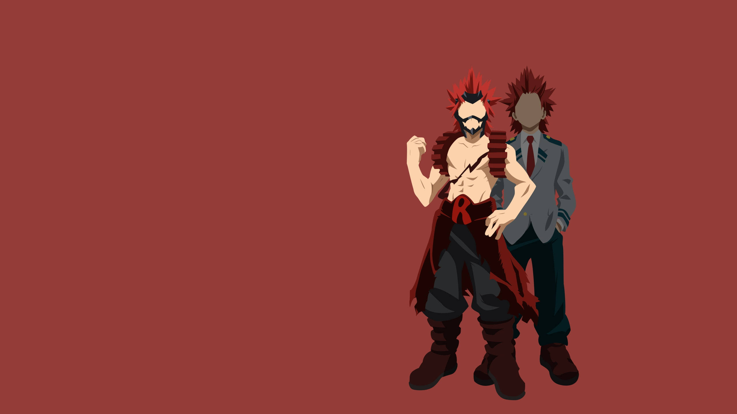 Kirishima 桌布 壁紙 — 兩個動漫角色，紅色刺蝟頭，自信地站在純紅色背景前，一個身穿戰鬥裝備，另一個身穿西裝。