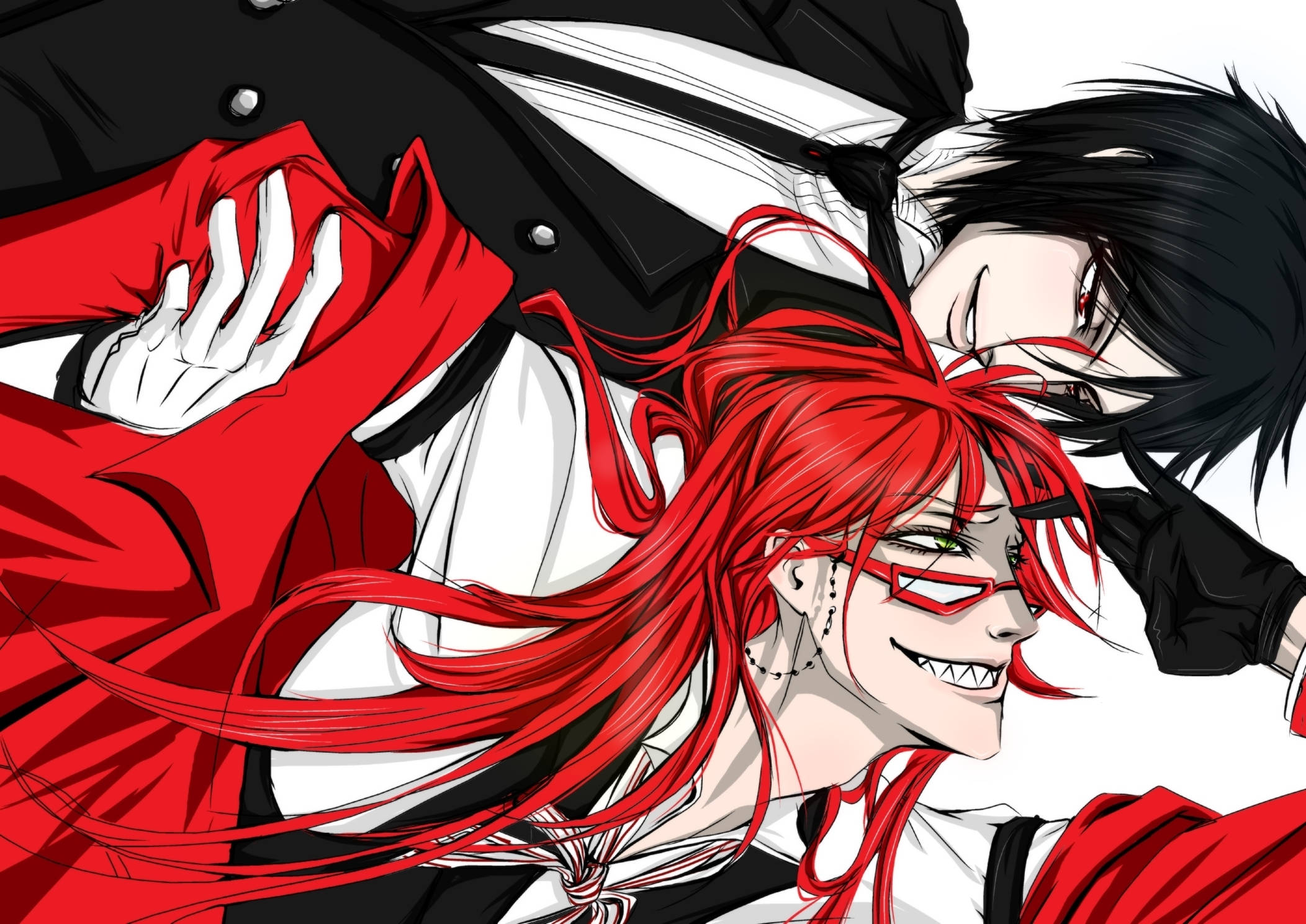 Black Butler 桌布 壁紙 — 兩個動漫角色，紅髮和黑髮，在白色背景上擺出動態姿勢。