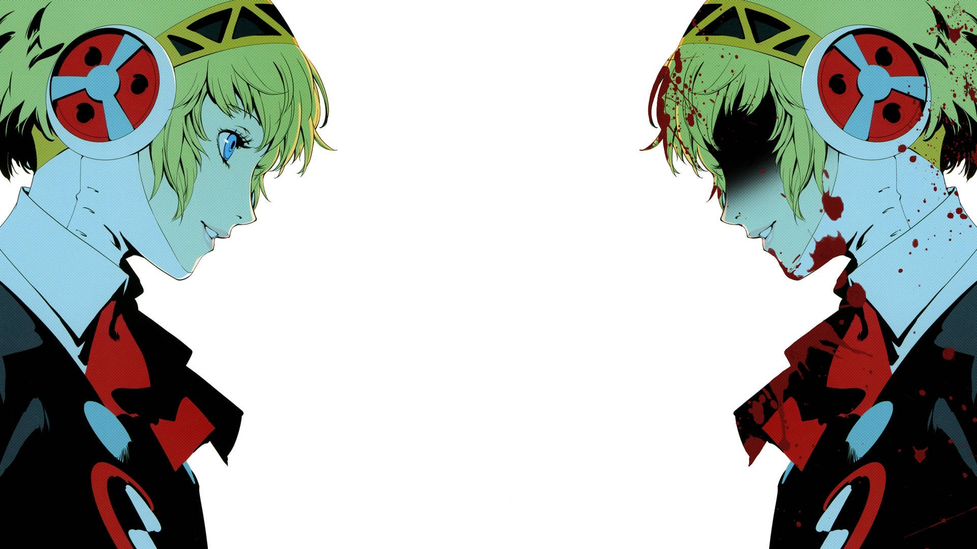 Persona 3 桌布 壁紙 — 兩個動漫角色，綠色頭髮，戴著耳機，面對面，一個乾淨，一個血跡斑斑，白色背景。