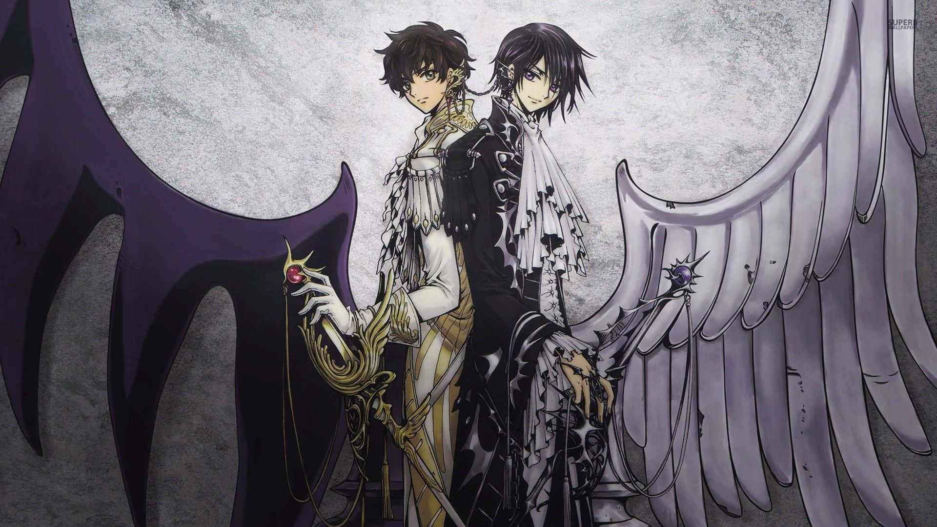 lelouch lamperouge 桌布 壁紙 — 兩個動漫角色，翅膀形成對比，一個手持金色權杖，另一個手持帶刺的杖，站在有紋理的灰色背景前。