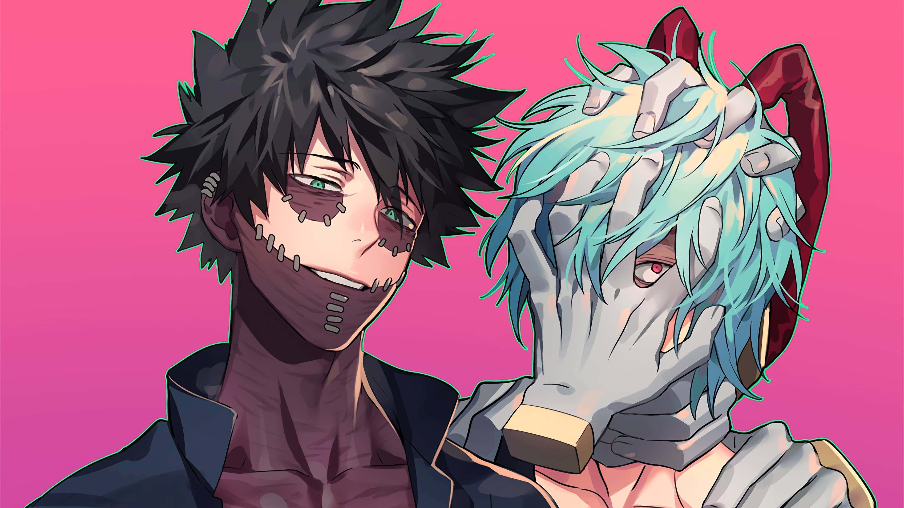 Tomura Shigaraki 桌布 壁紙 — 兩個動漫角色，臉上縫線，頭髮鮮豔，站在粉紅色背景前，其中一個抱著另一個的頭。