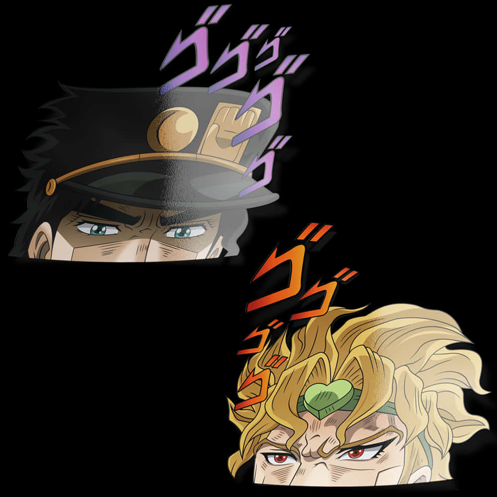 Jojo Menacing 桌布 壁紙 — 兩個動漫角色，表情強烈，帶有動態音效，背景為黑色。