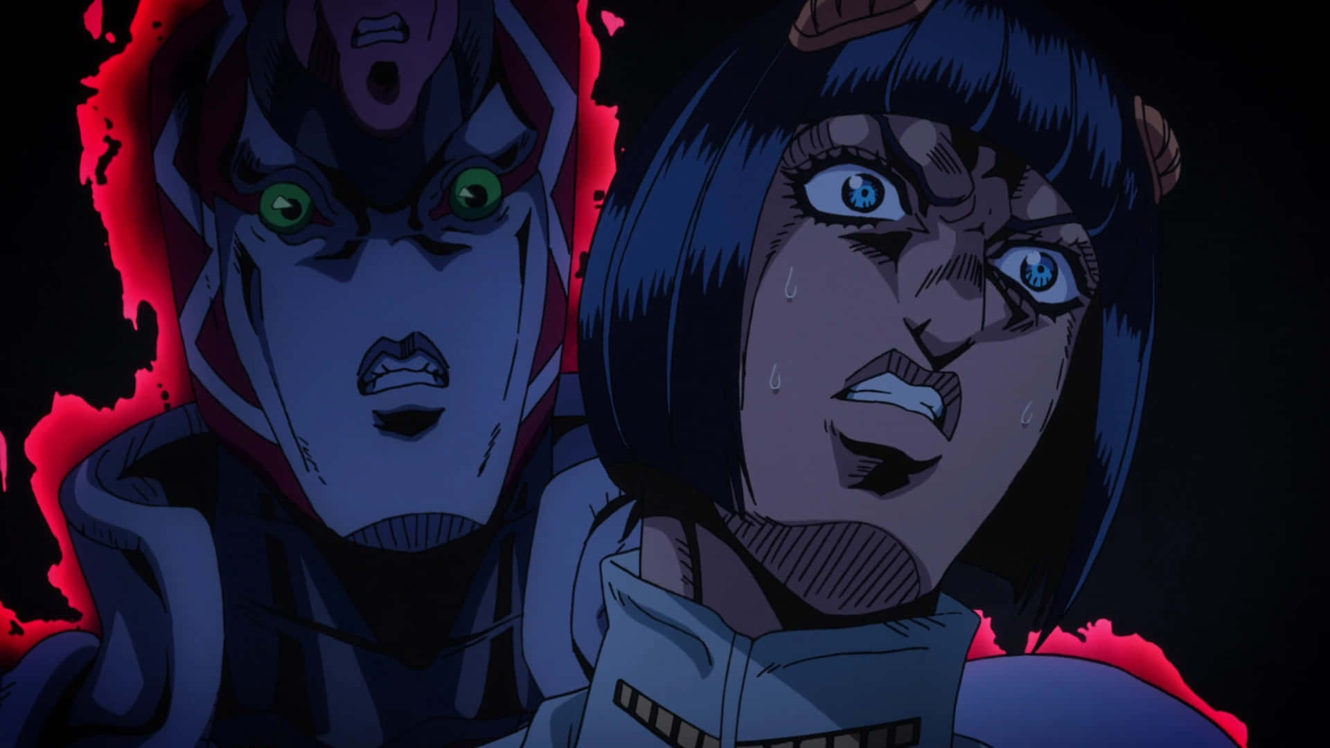 Jojo King Crimson 桌布 壁紙 — 兩個動漫角色，表情強烈，眼睛發光，被紅色能量框住，背景為深色。