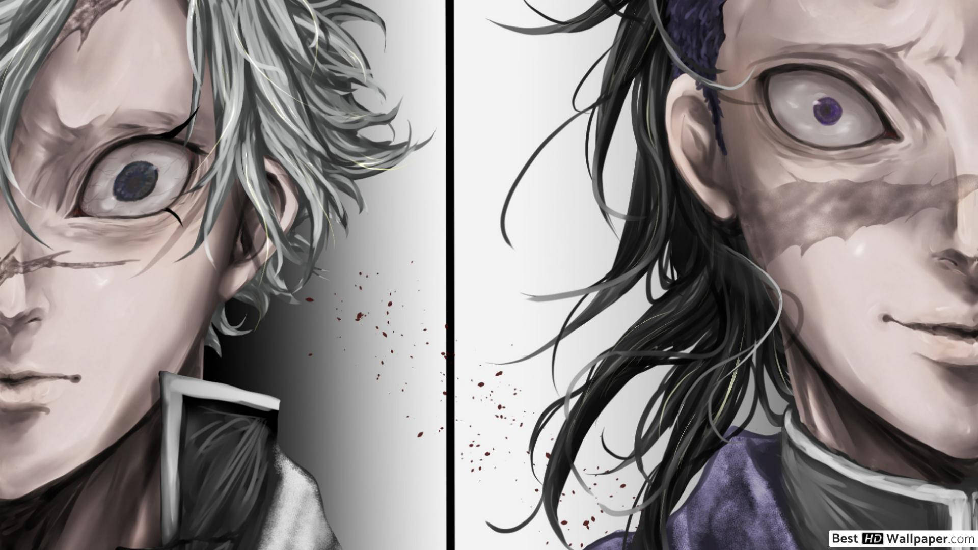 genya 桌布 壁紙 — 兩個動漫角色，表情激烈，帶有血跡，背景為純白色。