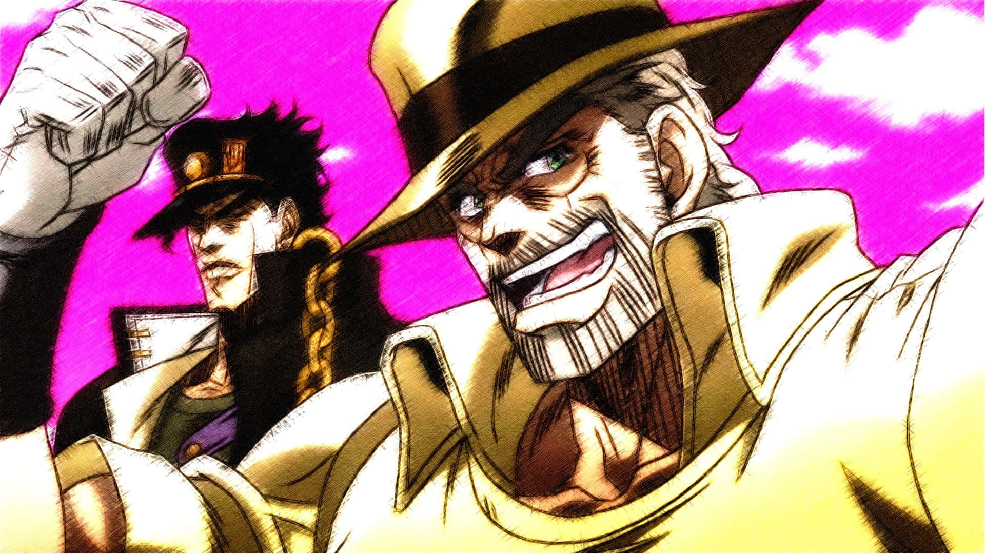 Jotaro 桌布 壁紙 — 兩個動漫角色，表情激烈，拳頭高舉，背景是充滿活力的粉紅色天空。