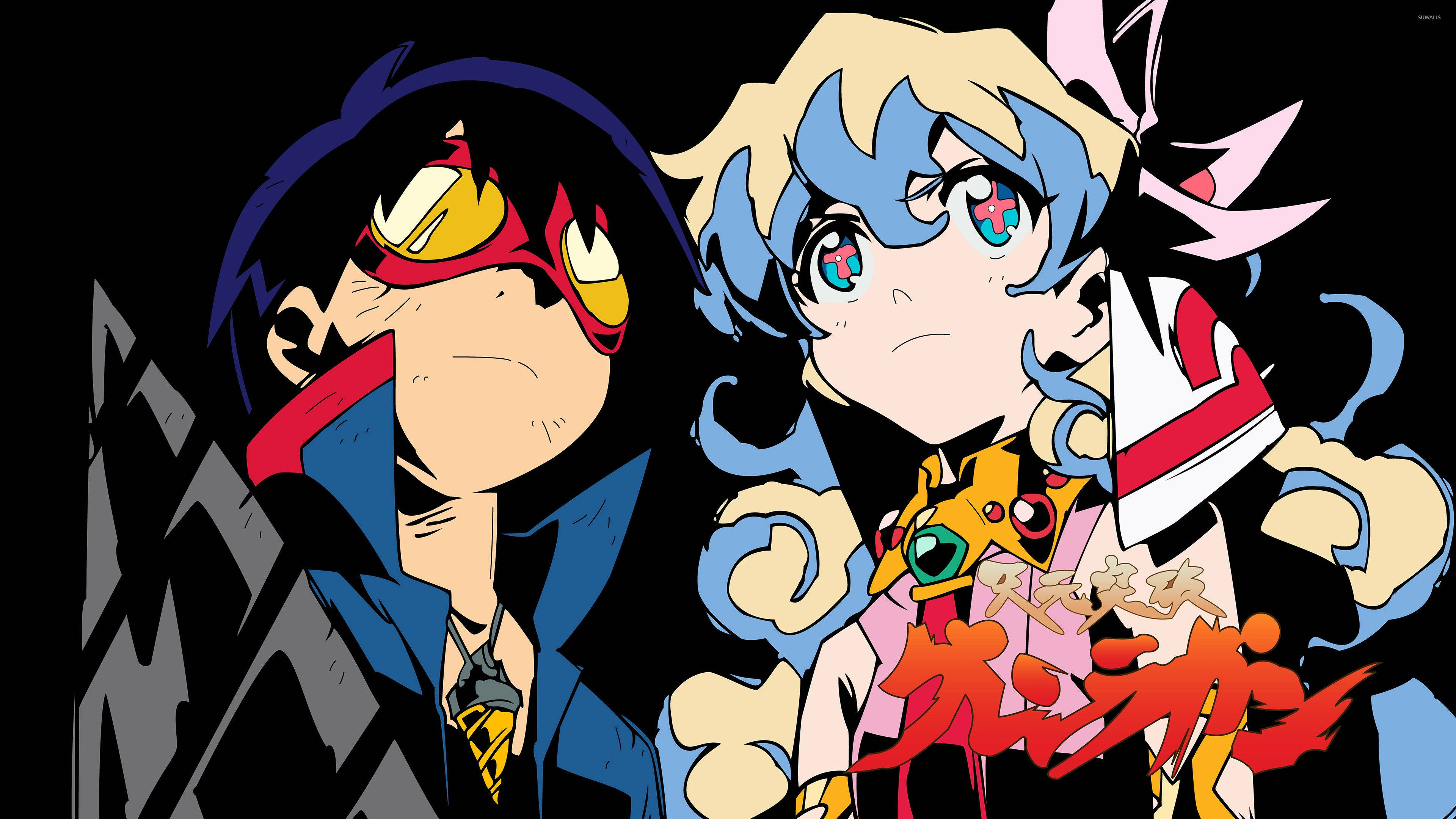 Gurren Lagann 桌布 壁紙 — 兩個動漫角色，輪廓大膽，色彩鮮豔，站在黑色背景前，背景有風格化的山形。