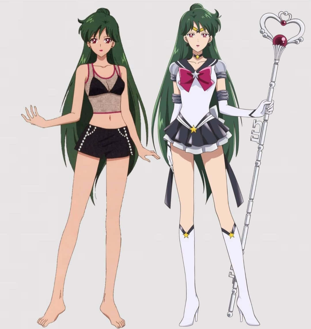 Sailor Pluto 桌布 壁紙 — 兩個動漫角色，長綠色頭髮，一個穿著休閒服，另一個穿著水手服拿著法杖。