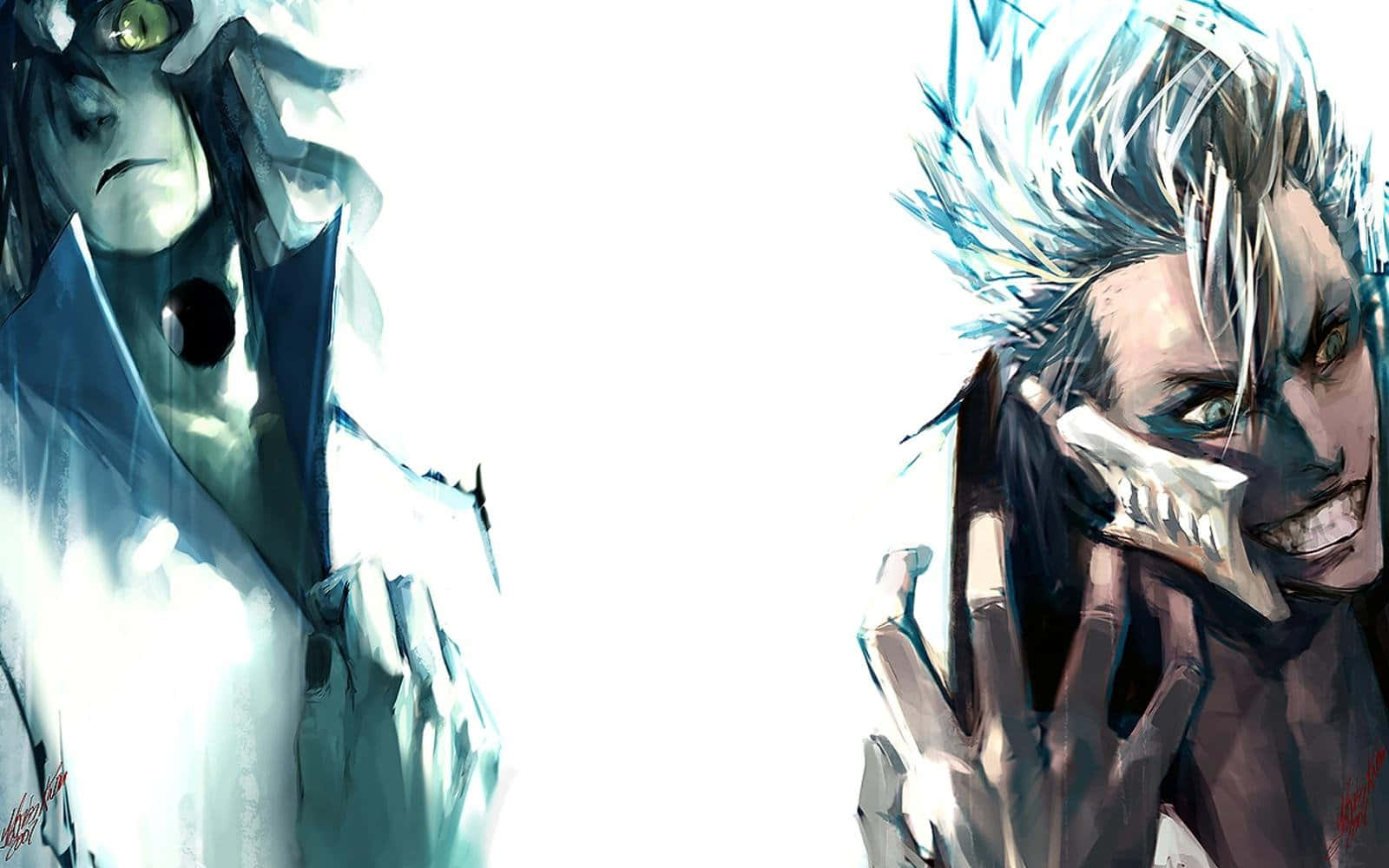 Grimmjow Jaegerjaquez 桌布 壁紙 — 兩個動漫角色，面容銳利，表情強烈，站在純白背景前，其中一個手持骷髏狀面具。