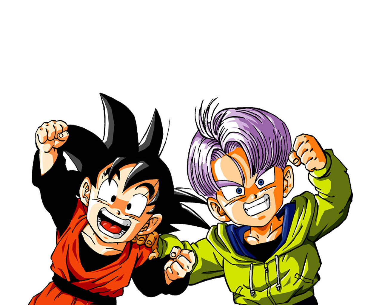 Goten 桌布 壁紙 — 兩個動漫角色，頭髮尖刺、拳頭緊握，在純白背景上兇狠地咧嘴而笑。