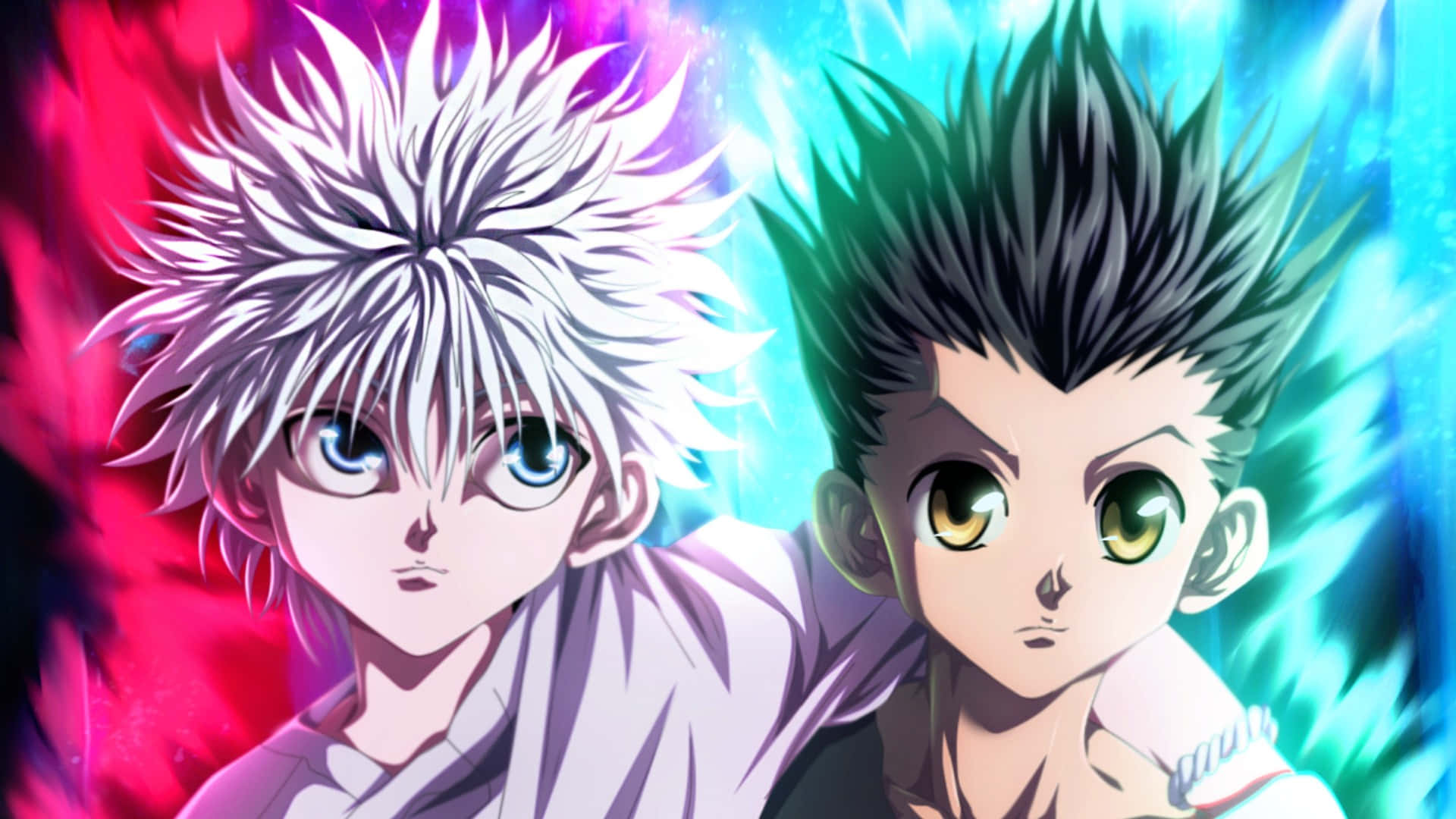 Gon And Killua 桌布 壁紙 — 兩個動漫角色，頭髮尖刺，眼神銳利，站在充滿活力的粉紅色和藍色能量背景前。