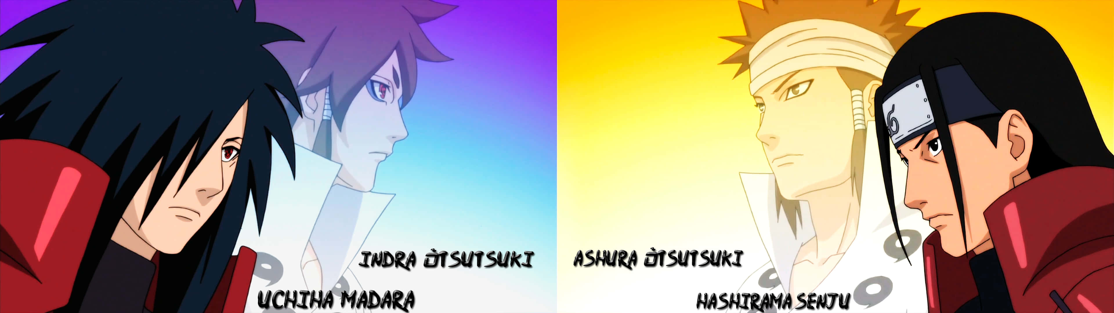 Asura ōtsutsuki 桌布 壁紙 — 兩個動漫角色，頭髮尖刺，身穿紅色斗篷，側面站立在充滿活力的漸變背景前。