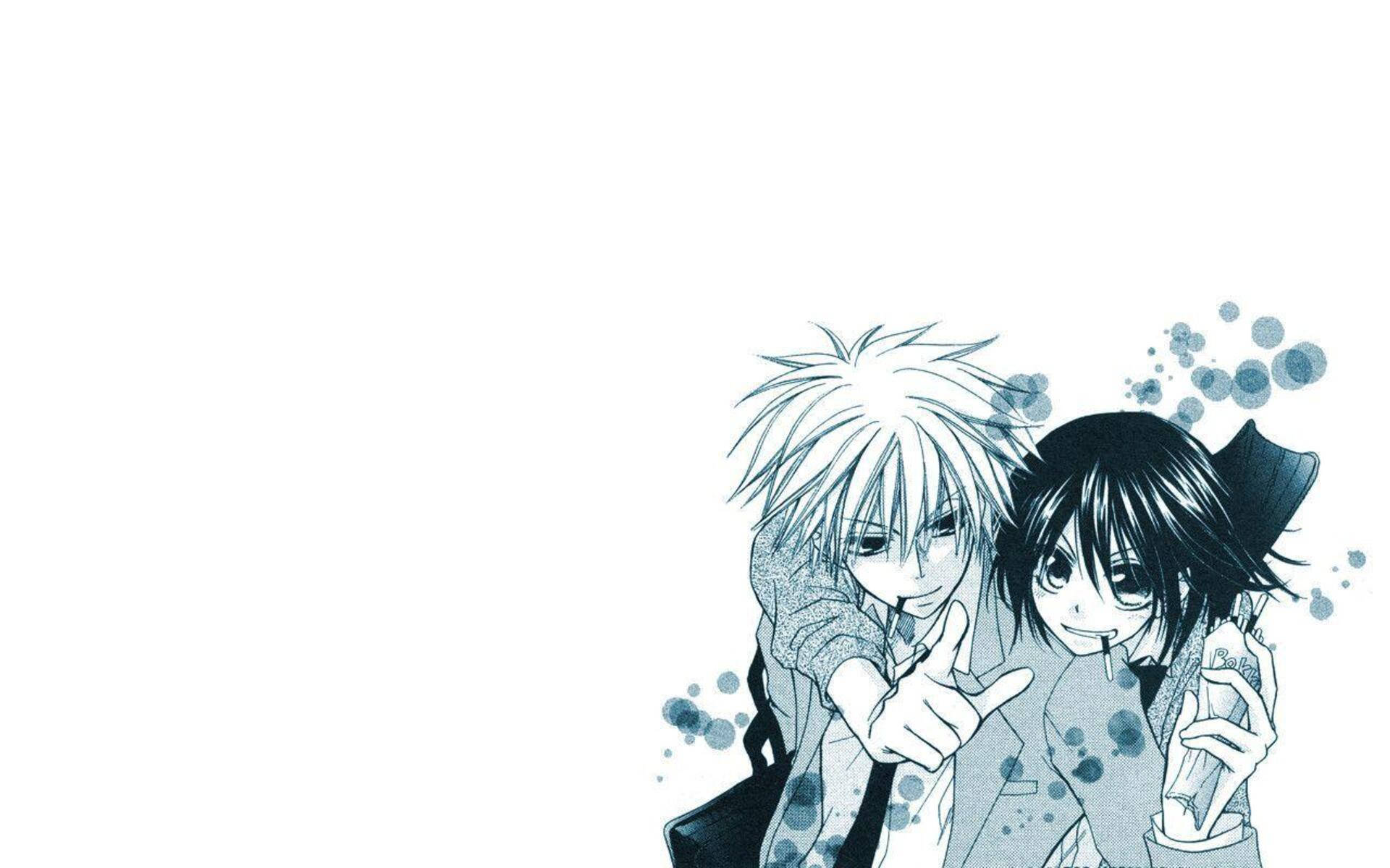 Kaichou Wa Maid Sama 桌布 壁紙 — 兩個動漫角色，頭髮尖尖，在白色背景上帶有藍色墨水飛濺，俏皮地擺姿勢。