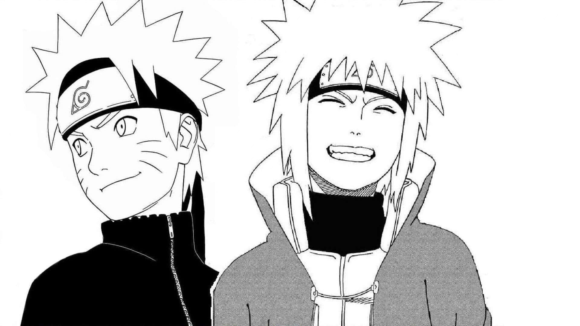 Naruto Anime 桌布 壁紙 — 兩個動漫角色，頭髮尖尖，戴著頭帶，並肩而立，一個微笑，另一個咧嘴大笑，黑白風格。