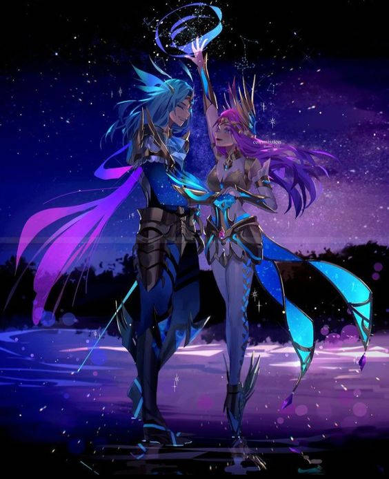 Mobile Legends 動態圖 桌布 壁紙 — 兩個動漫角色，頭髮發出藍色和紫色光芒，站在繁星點點的夜空下召喚魔法能量。
