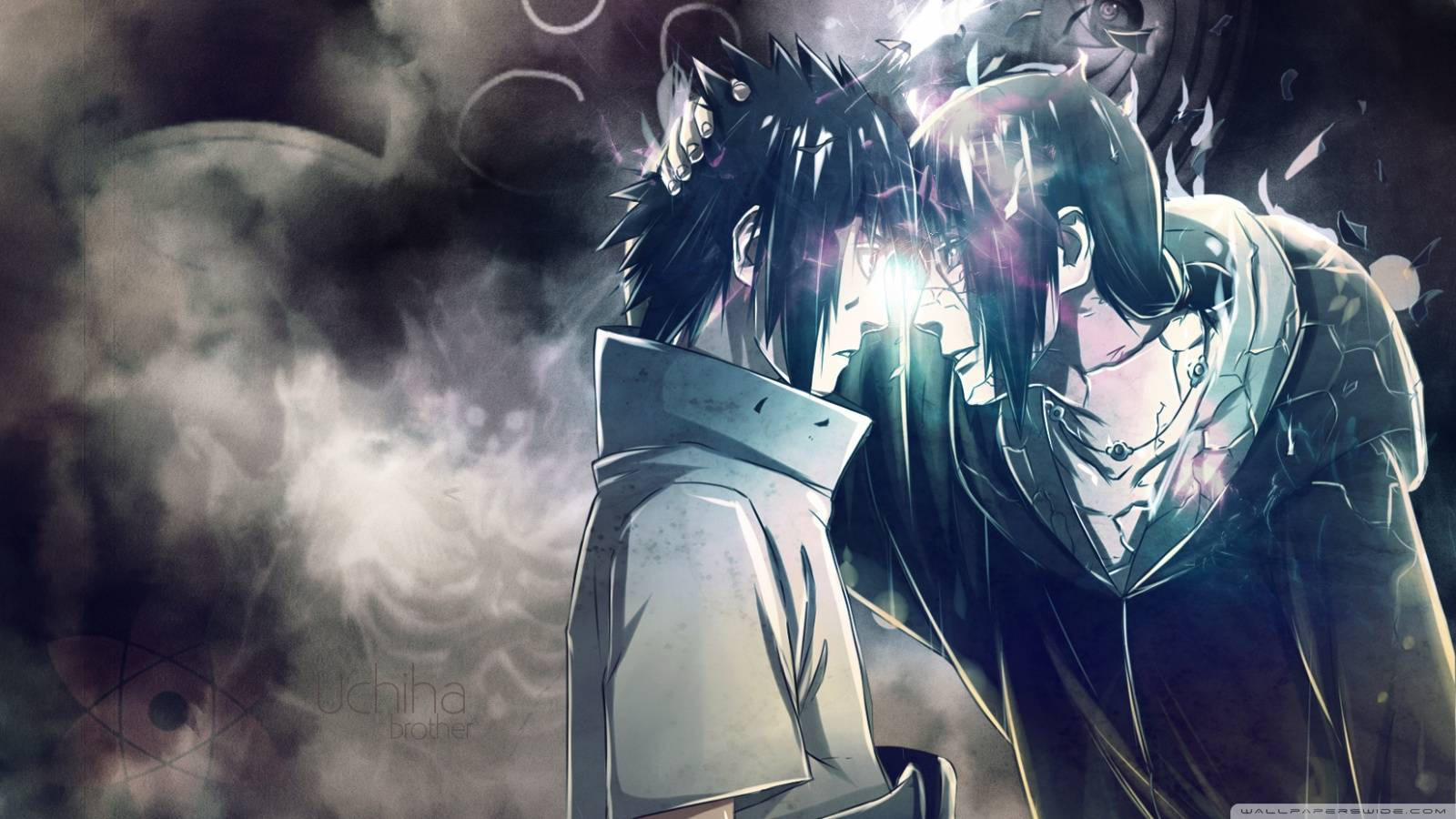 Sasuke 桌布 壁紙 — 兩個動漫角色，黑色尖刺頭髮，在黑暗煙霧場景中，眼睛發光，燈光戲劇性，互相對視。