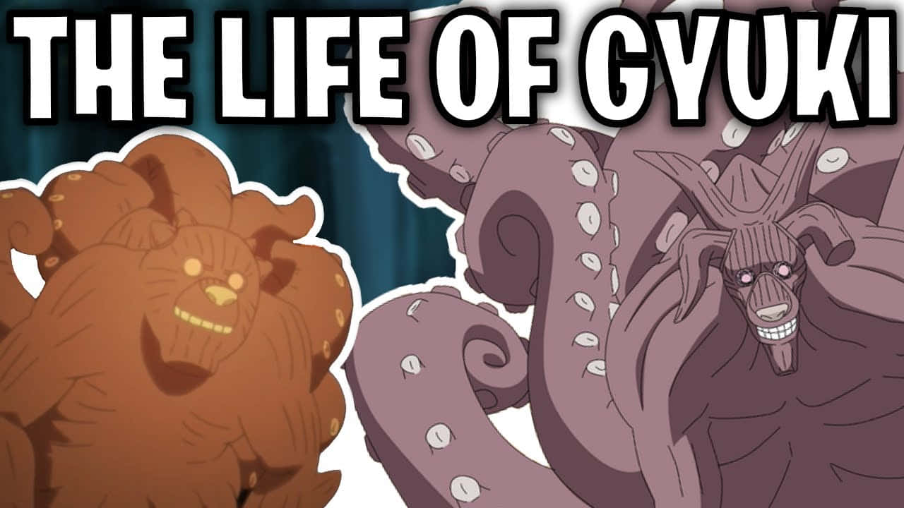 Gyuki 桌布 壁紙 — 兩個動漫角色Gyuki和一隻棕色野獸在深藍綠色背景上露出兇惡的笑容，上面有粗體白色文字。