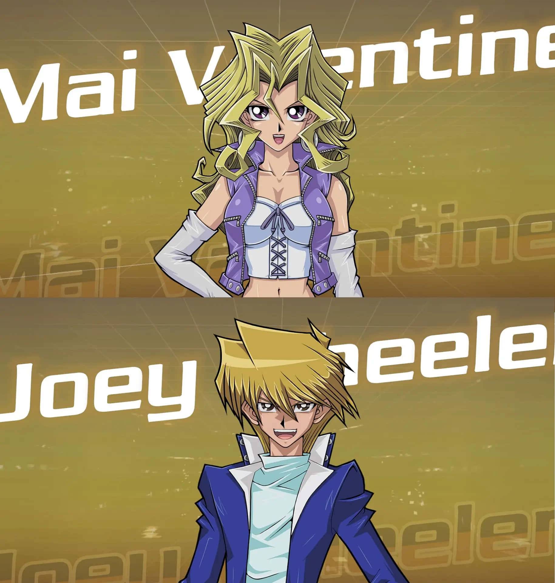 Mai Valentine 桌布 壁紙 — 兩個動漫角色Mai Valentine和Joey Wheeler站在金色漸變背景前，顯示他們的名字。