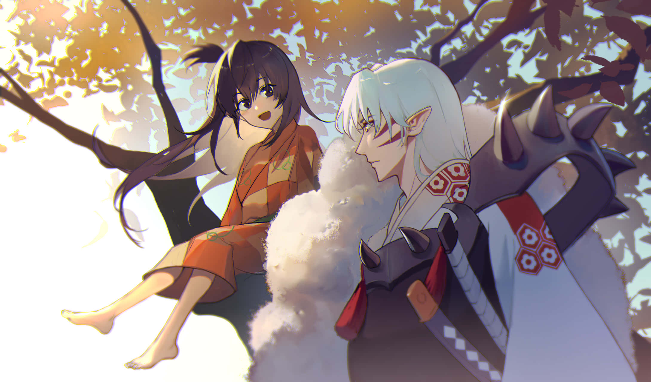 Inuyasha And Rin 桌布 壁紙 — 兩個動漫角色一起坐在秋天的樹葉下，一個穿著橙色和服，另一個穿著帶有紅色點綴的白色和黑色盔甲。