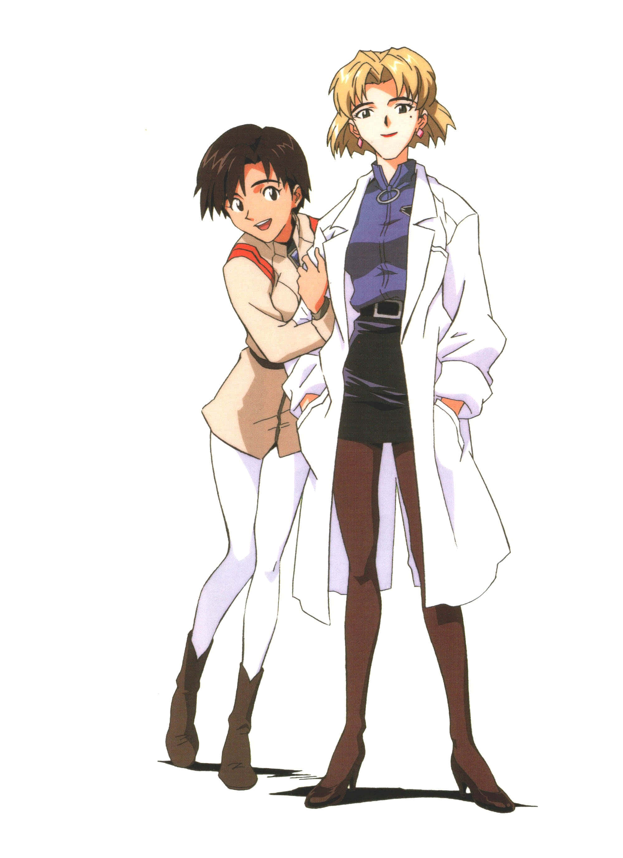 Maya Ibuki 桌布 壁紙 — 兩個動漫角色一起擺姿勢，一個穿著白色實驗室外套，另一個穿著米色外套，背景是純白色。