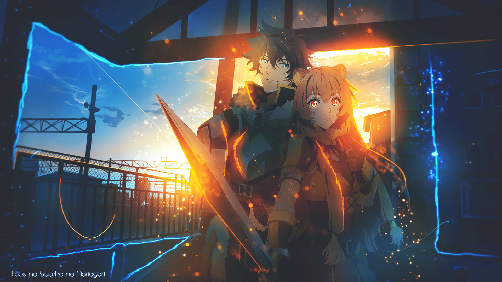 Raphtalia 桌布 壁紙 — 兩個動漫角色一起站在夕陽背景下，手持發光的劍，周圍有藍色霓虹燈。