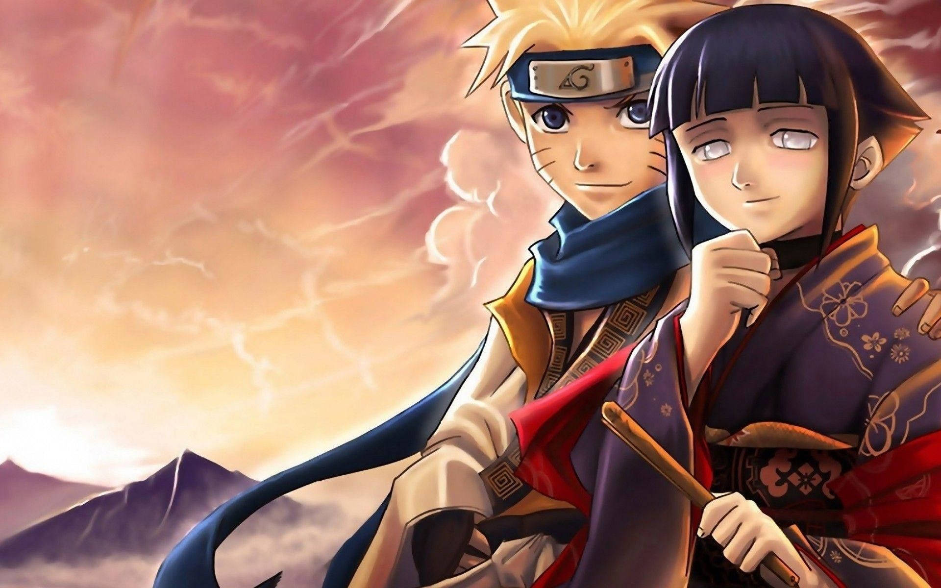 Hinata Hyuga 桌布 壁紙 — 兩個動漫角色一起站在火紅的日落天空前，遠處有山巒。