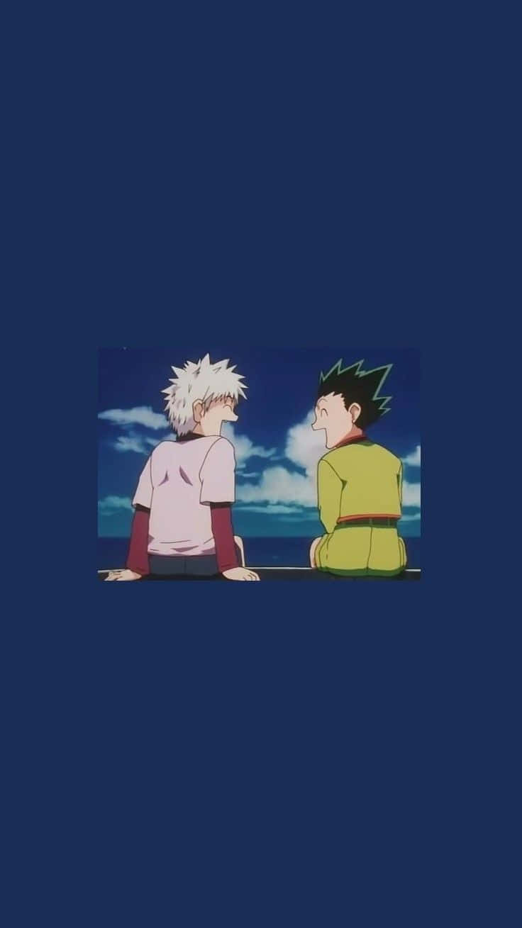 獵人 x 獵人 桌布 壁紙 — 兩個動漫角色並排坐在窗台上，凝視著深藍色調下的多雲天空。