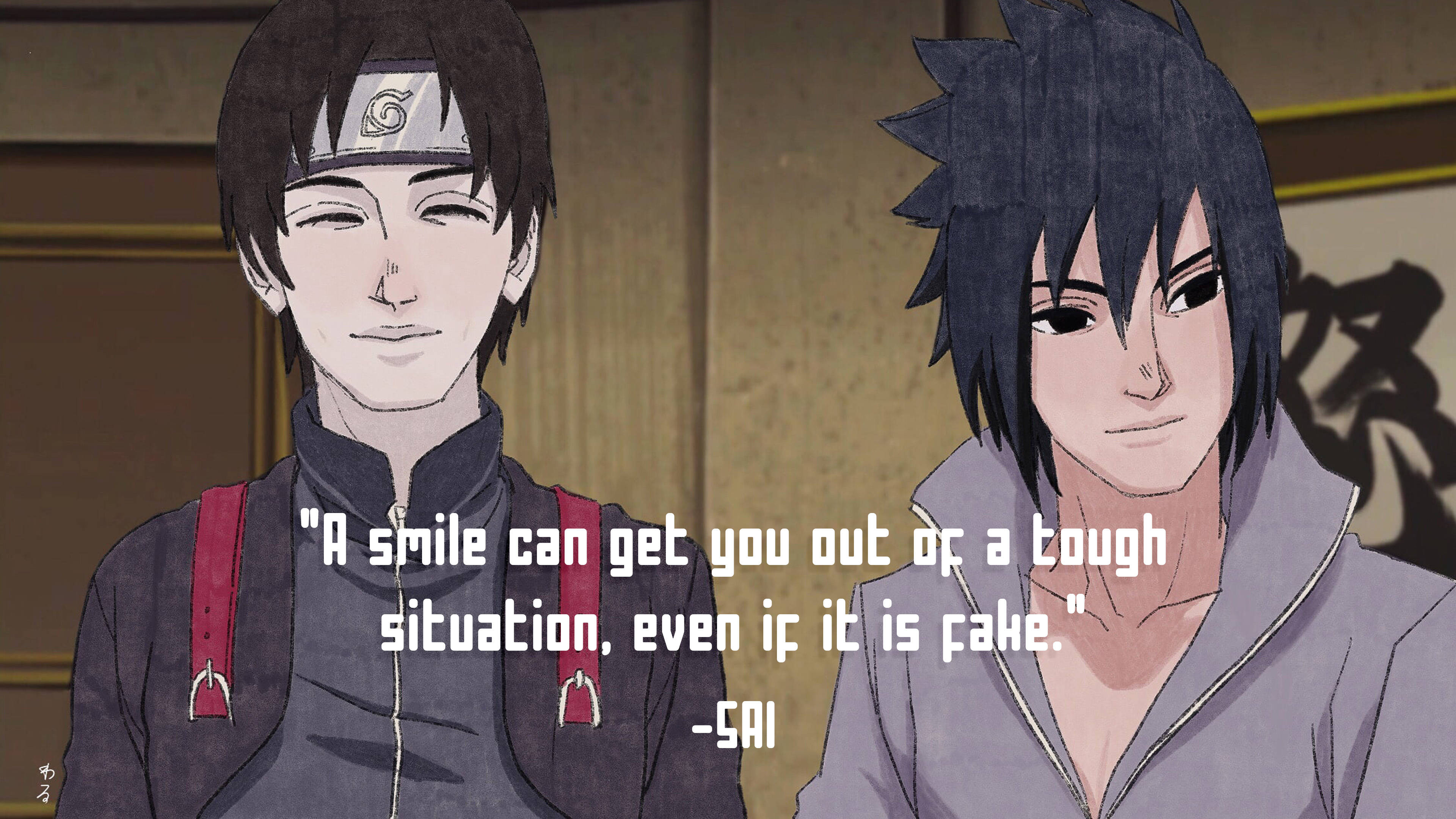 naruto quotes 桌布 壁紙 — 兩個動漫角色並排站在木質房間中，上面覆蓋著關於虛假微笑的引言。