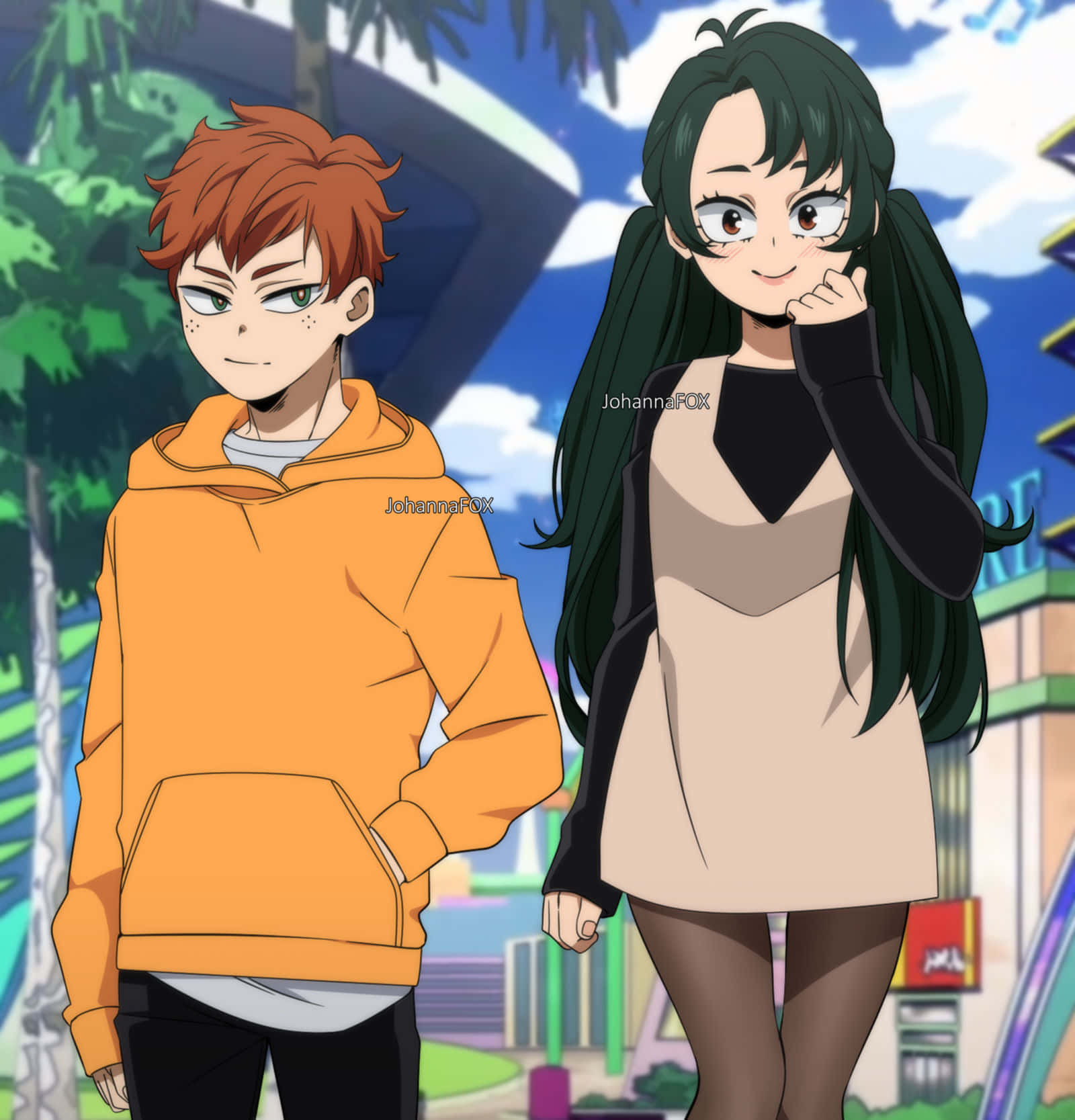 Bnha 桌布 壁紙 — 兩個動漫角色並肩站在充滿活力的城市景觀中，有棕櫚樹和色彩繽紛的建築物，在明亮的藍天下。